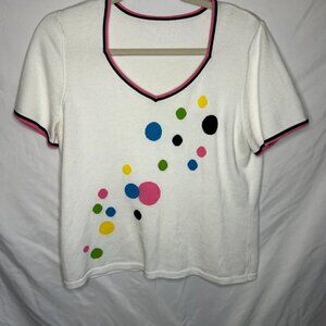 Retro Polka Dot Knit Tee | Pink & Black Trim | Size Unknown (Fits S-M)